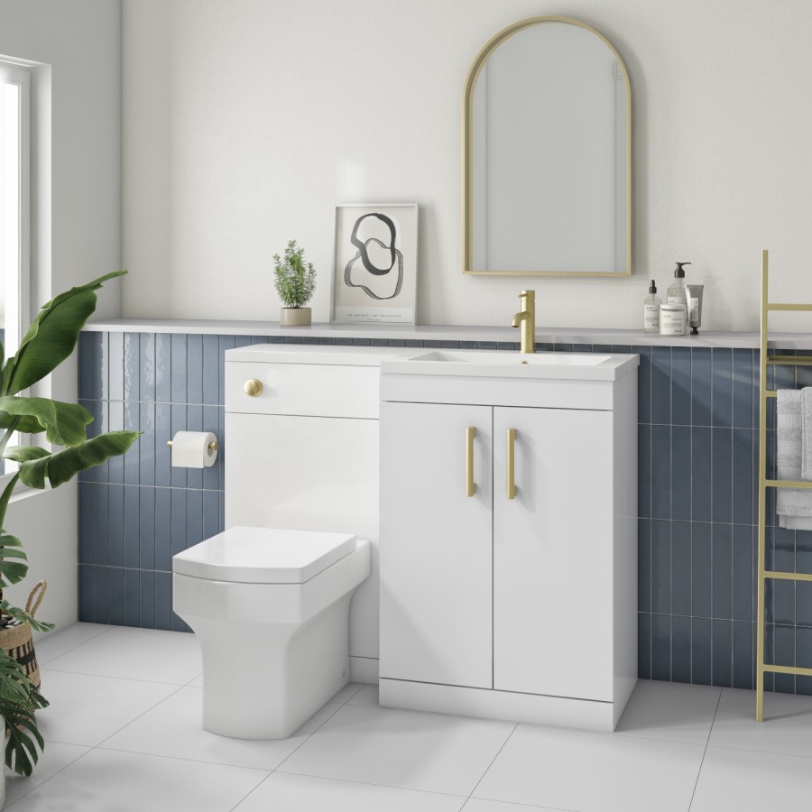 1100mm White Toilet and Sink Unit Right Hand with Square Toilet and Brass Fittings - Ashford