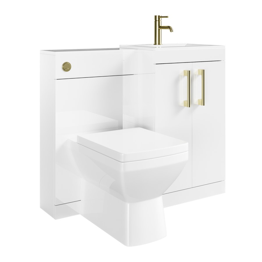 1100mm White Toilet and Sink Unit Right Hand with Square Toilet and Brass Fittings - Ashford
