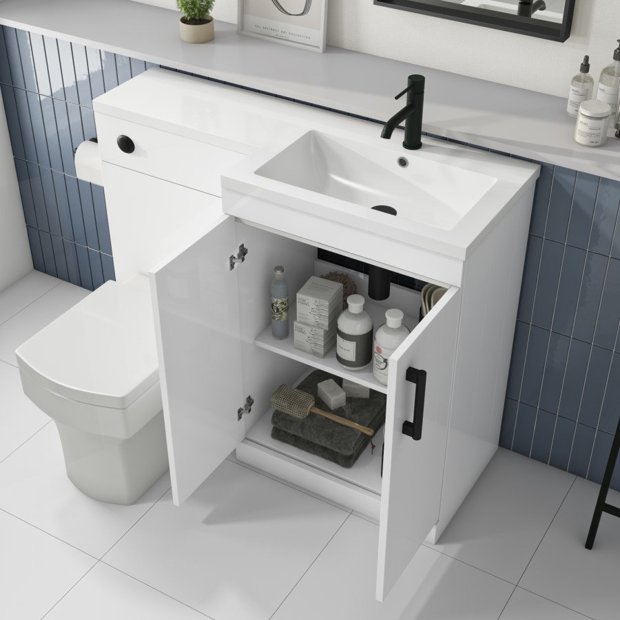 1100mm White Toilet and Sink Unit Right Hand with Square Toilet and Black Fittings - Ashford