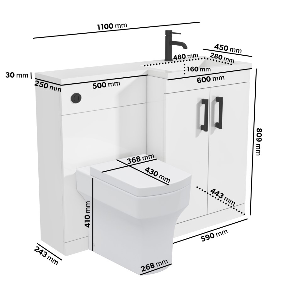 1100mm White Toilet and Sink Unit Right Hand with Square Toilet and Black Fittings - Ashford