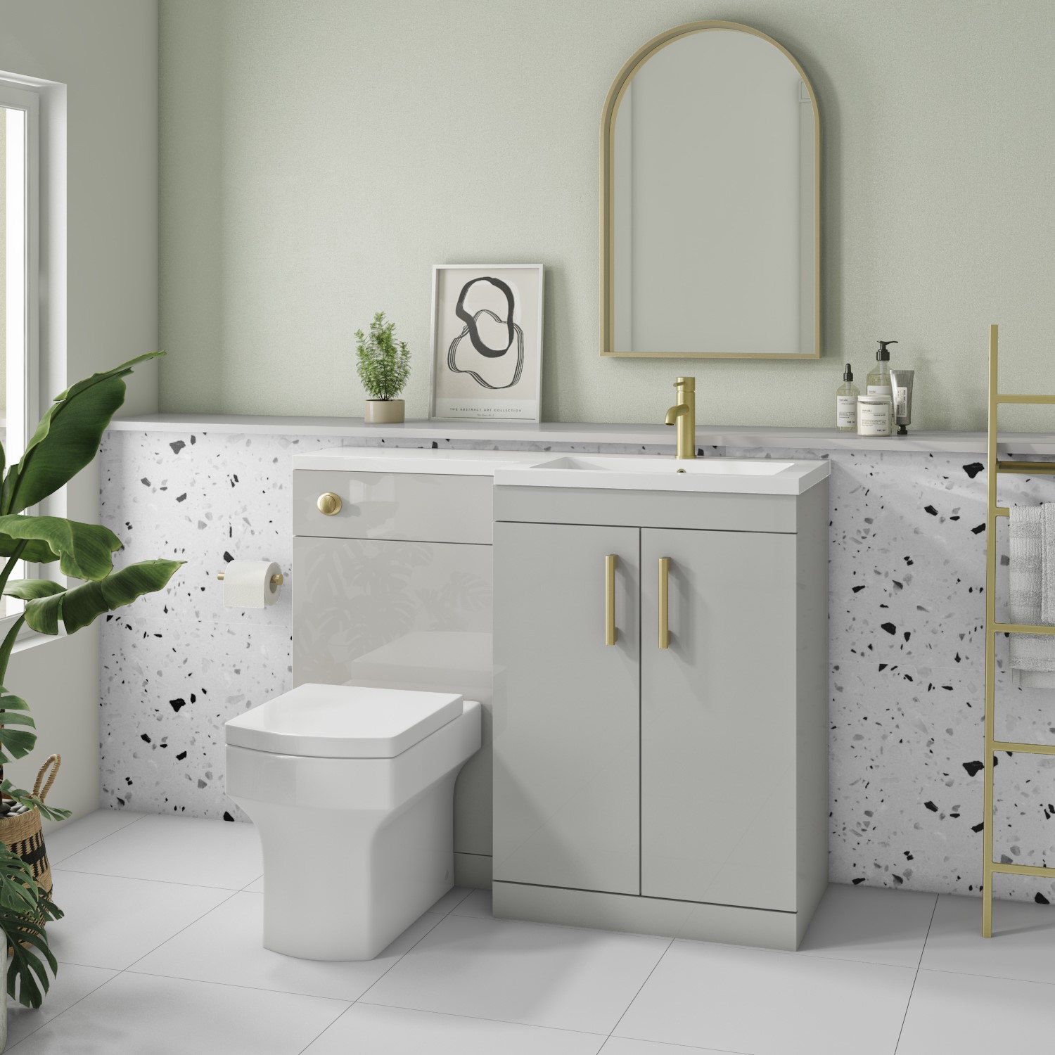 1100mm Grey Toilet and Sink Unit Right Hand with Brass Fittings