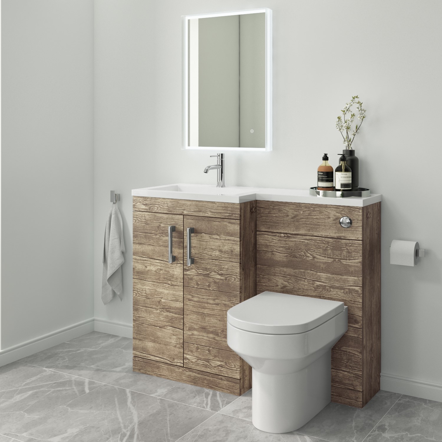 1100mm Wood Effect Toilet and Sink Unit Left Hand Chrome Fittings