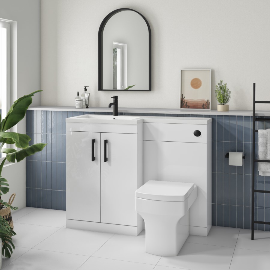 1100mm White Toilet and Sink Unit Left Hand with Square Toilet and Black Fittings - Ashford