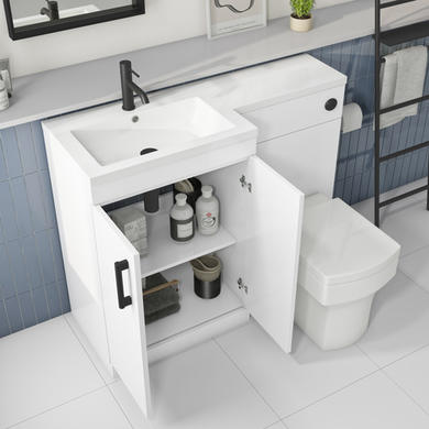 1100mm White Toilet and Sink Unit Left Hand with Square Toilet and Black Fittings - Ashford