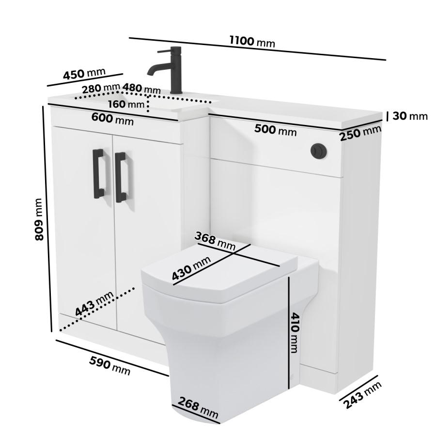 1100mm White Toilet and Sink Unit Left Hand with Square Toilet and Black Fittings - Ashford