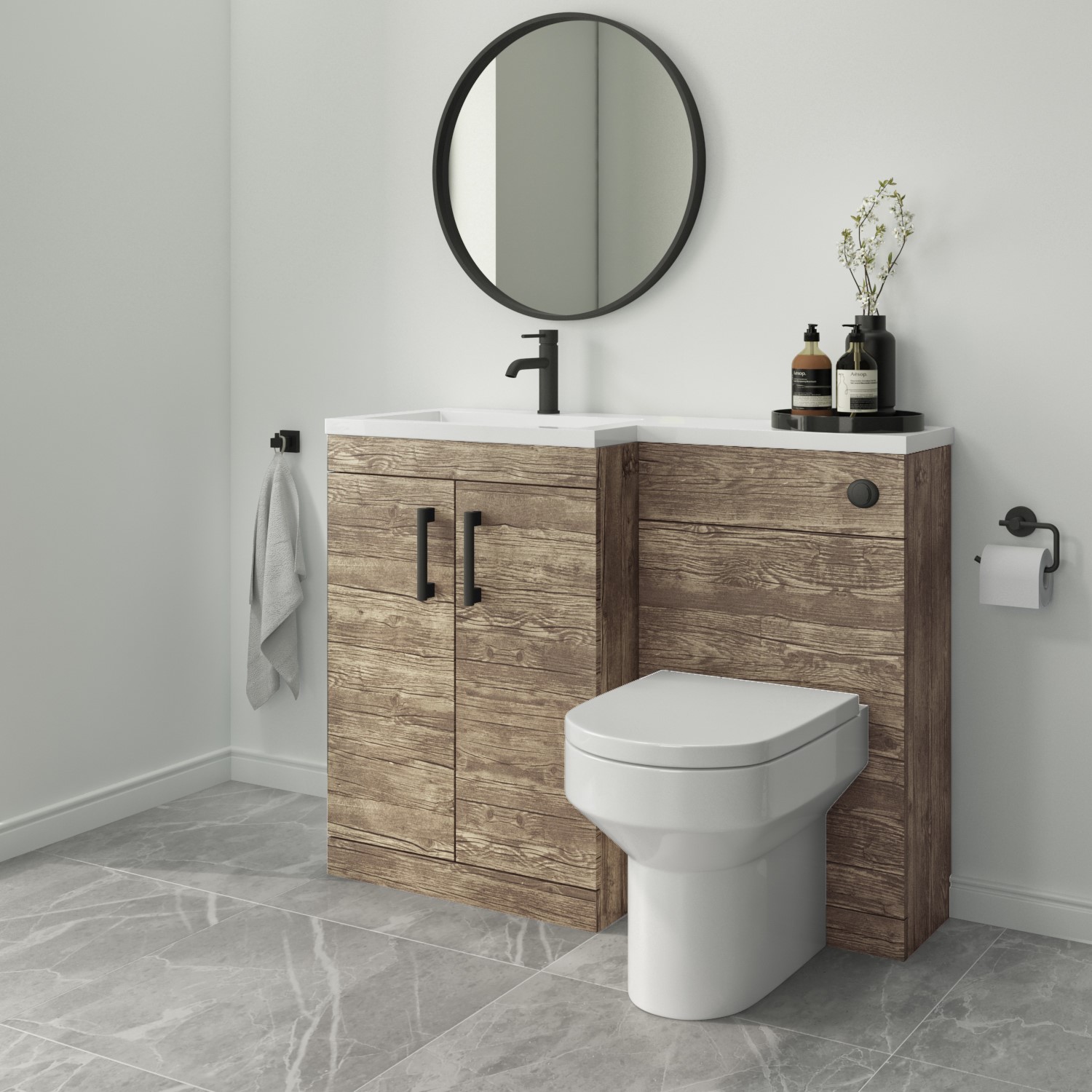 1100mm Wood Effect Toilet and Sink Unit Left Hand with Black Fittings ...