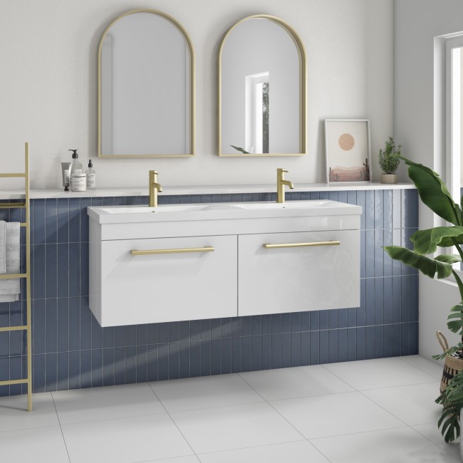 1200mm White Wall Hung Double Vanity Unit with Basins and Brass Handles - Ashford 