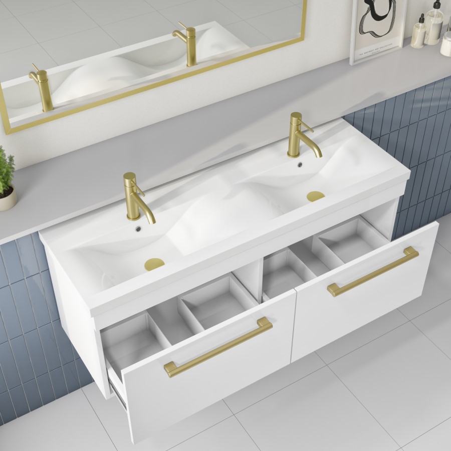 1200mm White Wall Hung Double Vanity Unit with Basins and Brass Handles - Ashford