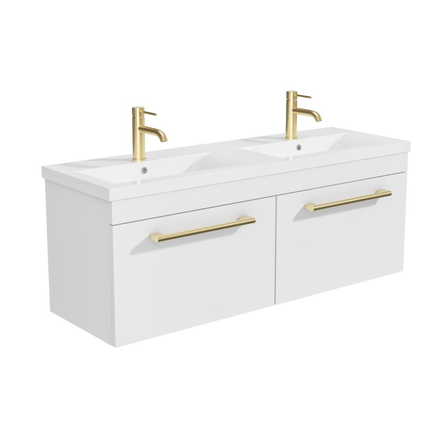 1200mm White Wall Hung Double Vanity Unit with Basins and Brass Handles - Ashford