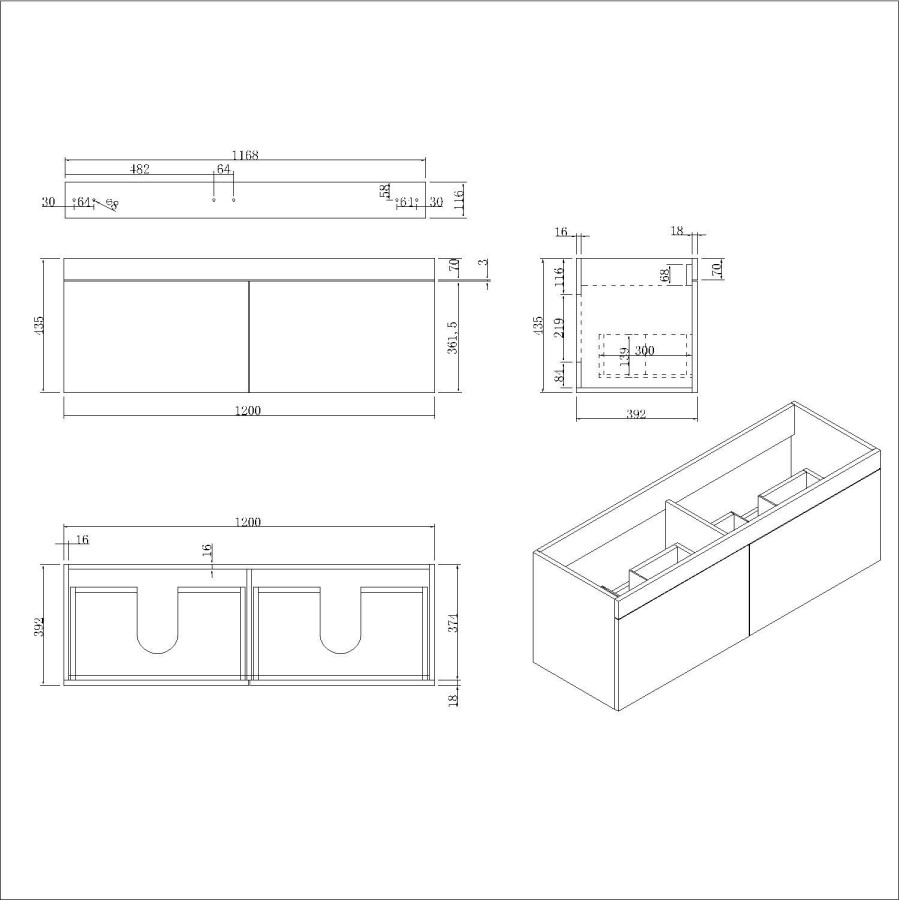 1200mm White Wall Hung Double Vanity Unit with Basins and Brass Handles - Ashford