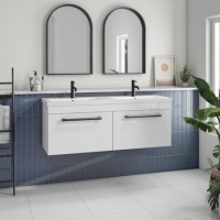 1200mm White Wall Hung Double Vanity Unit with Basin and Black Handles - Ashford  1200mm White Wall Hung Double Vanity Unit with Basin and Black Handles - Ashford