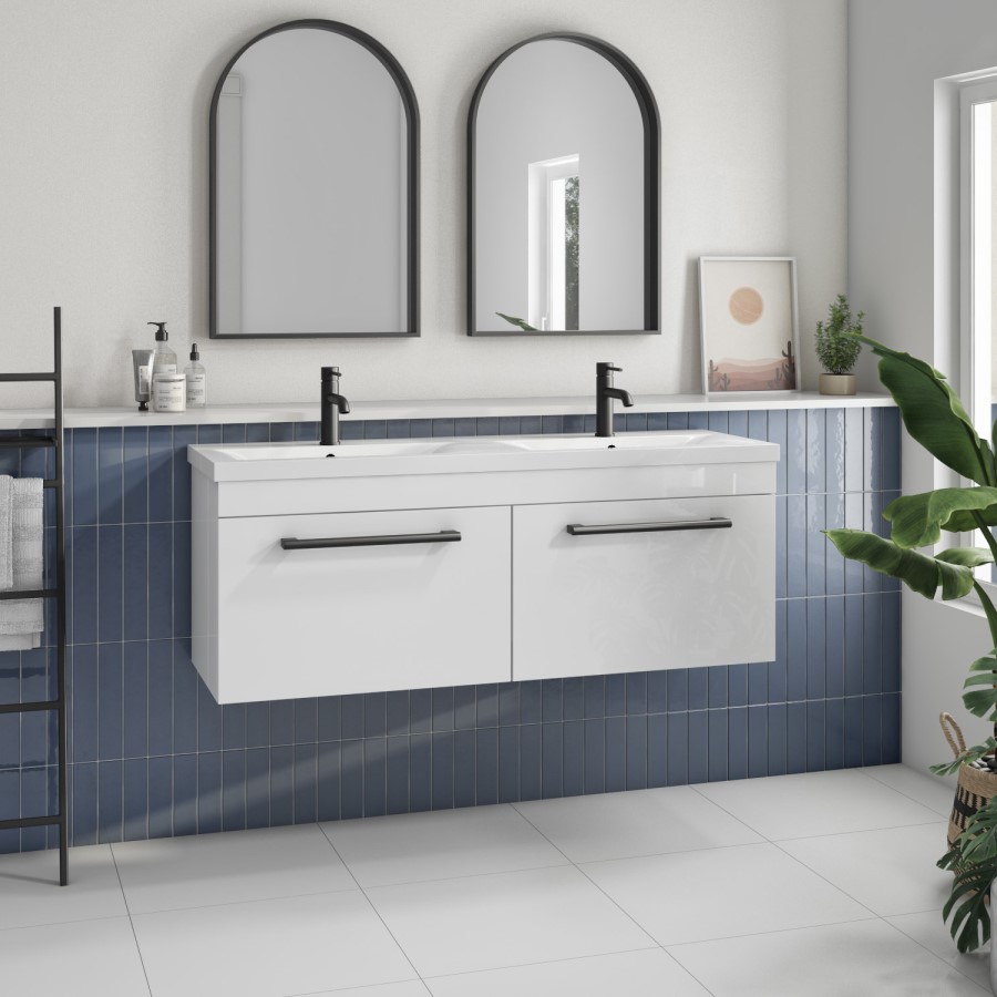 1200mm White Wall Hung Double Vanity Unit with Basin and Black Handles - Ashford