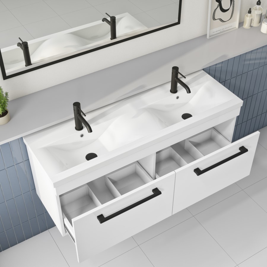 1200mm White Wall Hung Double Vanity Unit with Basin and Black Handles - Ashford