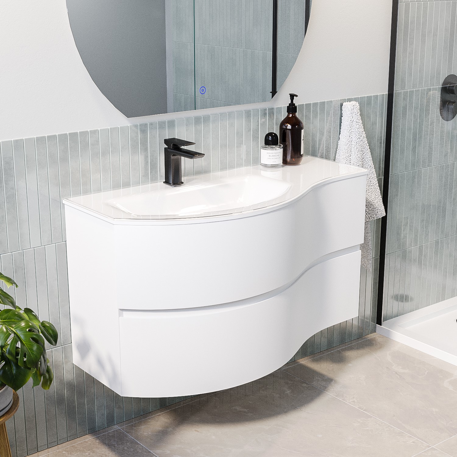1000mm White Wall Hung Left Hand Curved Vanity Unit with Basin Tulum