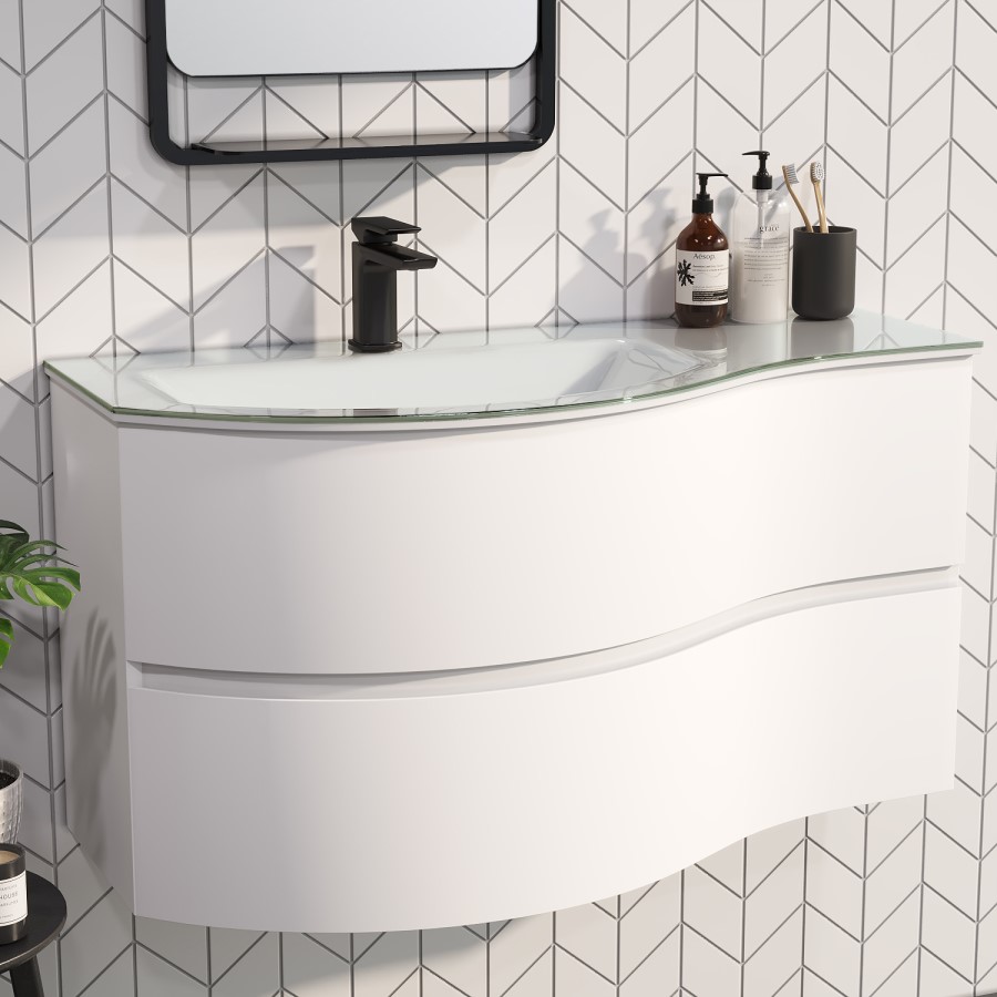 Grade A1 - 1000mm White Wall Hung Left Hand Curved Vanity Unit with Basin - Tulum