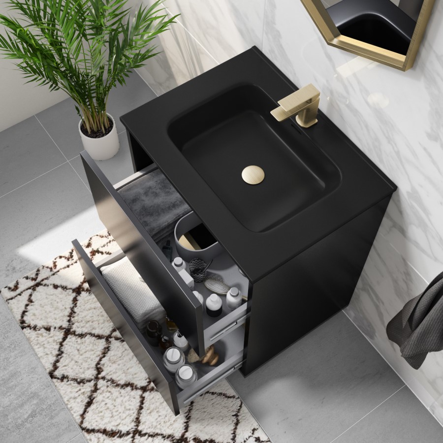 Grade A2 - 600mm Black Freestanding Vanity Unit with Matt Black Basin - Roxbi