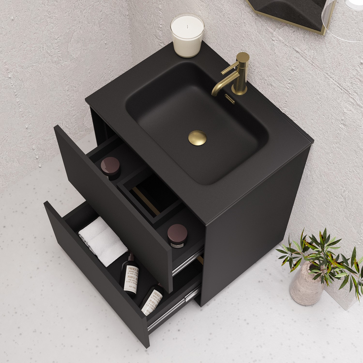 600mm Black Freestanding Vanity Unit with Matt Black Basin - Roxbi ...