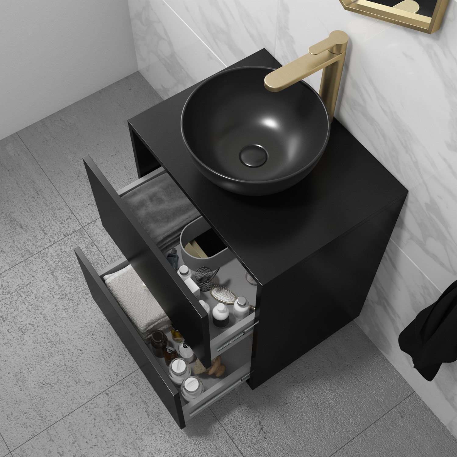 600mm Black Freestanding Countertop Vanity Unit with Basin Roxbi