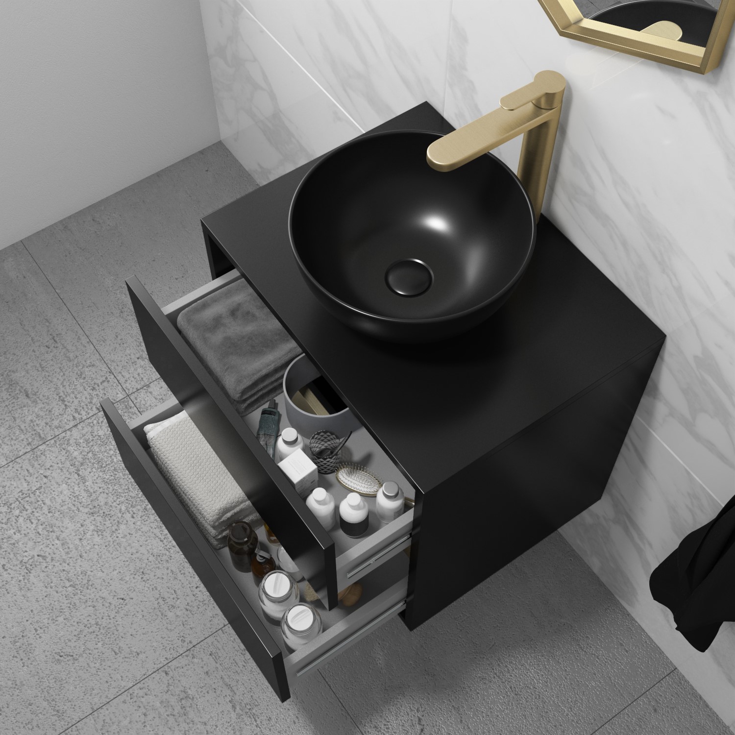 600mm Black Wall Hung Countertop Vanity Unit with Basin Roxbi
