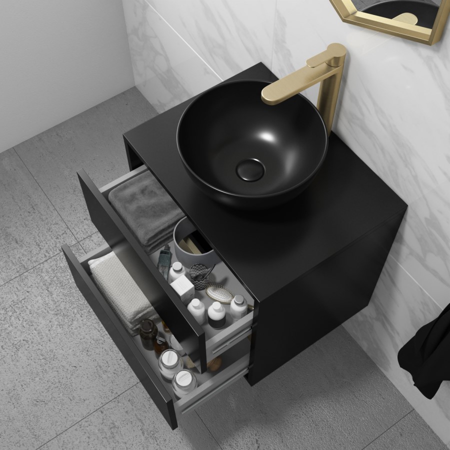 600mm Black Wall Hung Countertop Vanity Unit with Basin - Roxbi 