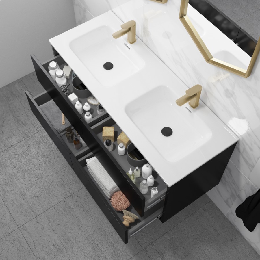 Grade A1 - 1200mm Black Wall Hung Double Vanity Unit with Basin - Roxbi