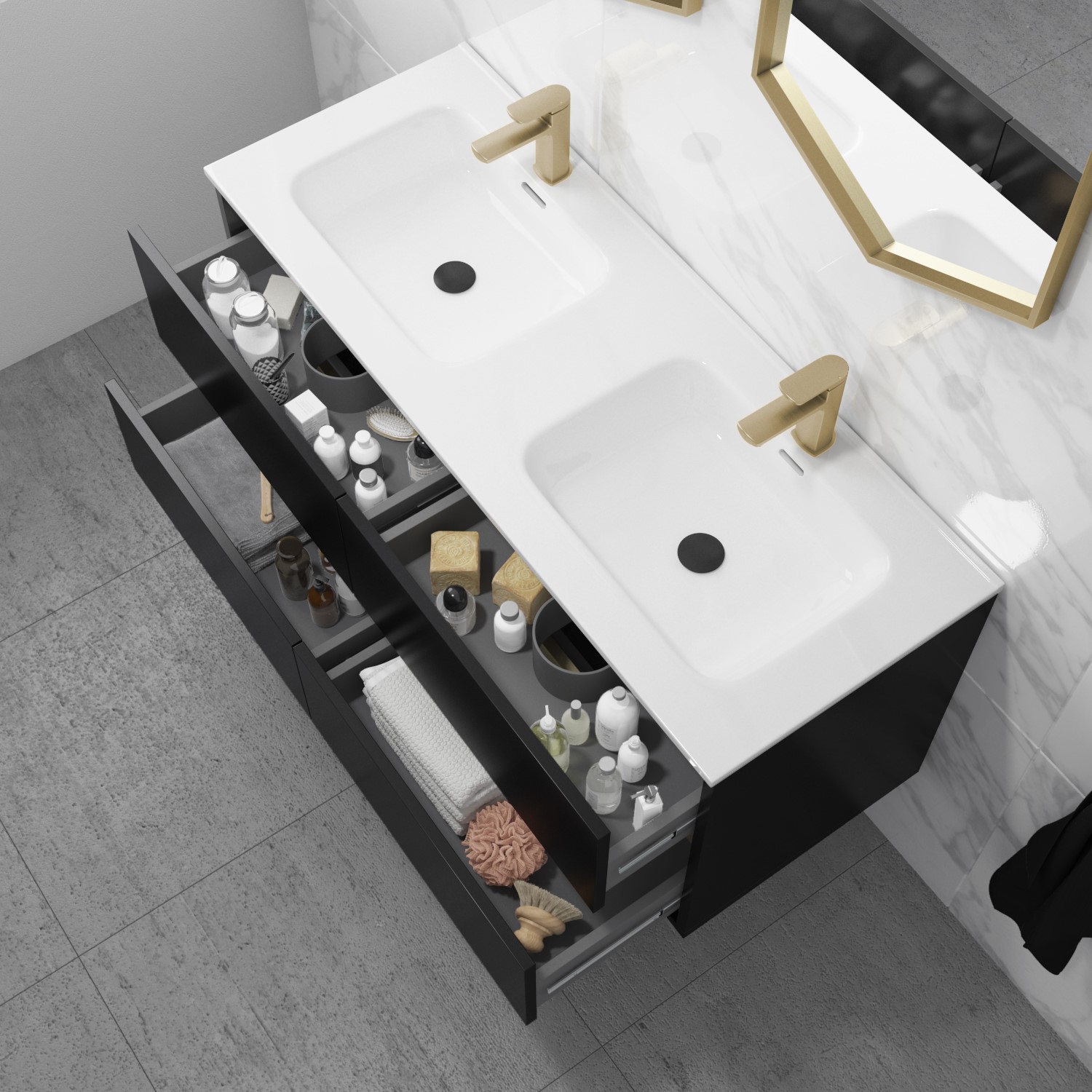 Grade A1 - 1200mm Black Wall Hung Double Vanity Unit with Basin - Roxbi ...