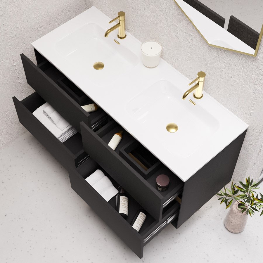 Grade A2 - 1200mm Black Wall Hung Double Vanity Unit with Basin - Roxbi