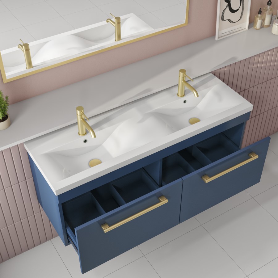 1200mm Blue Wall Hung Double Vanity Unit with Basins and Brass Handles - Ashford 
