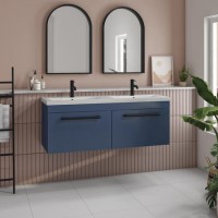 Grade A1 - 1200mm Blue Wall Hung Double Vanity Unit with Basin and Matt Black Handles - Ashford Grade A1 - 1200mm Blue Wall Hung Double Vanity Unit with Basin and Matt Black Handles - Ashford