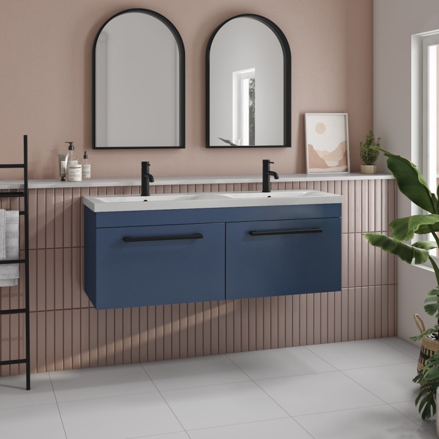 Grade A1 - 1200mm Blue Wall Hung Double Vanity Unit with Basin and Matt Black Handles - Ashford