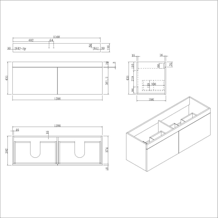 Grade A1 - 1200mm Blue Wall Hung Double Vanity Unit with Basin and Matt Black Handles - Ashford