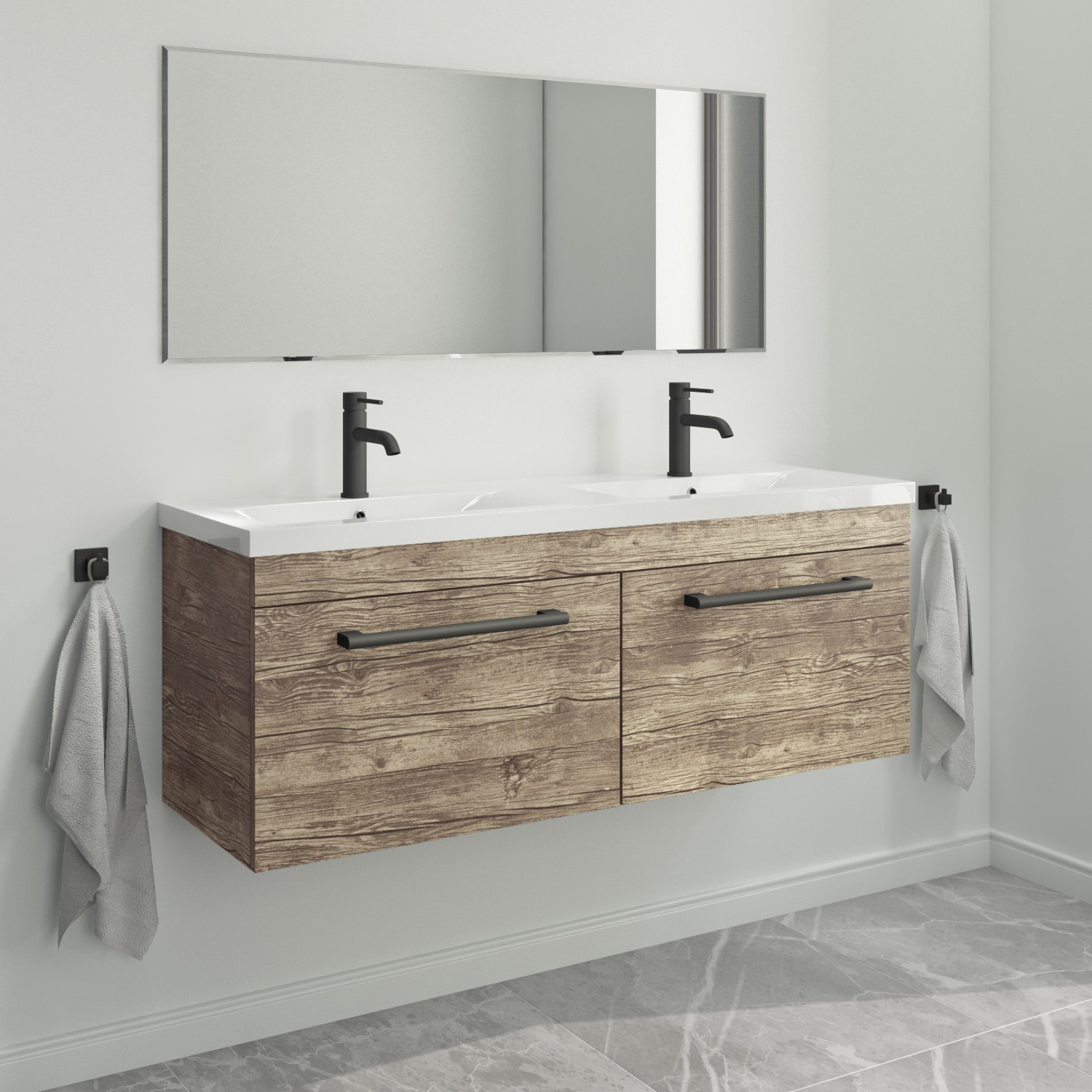 1200mm Wood Effect Wall Hung Double Vanity Unit with Basin and Black ...