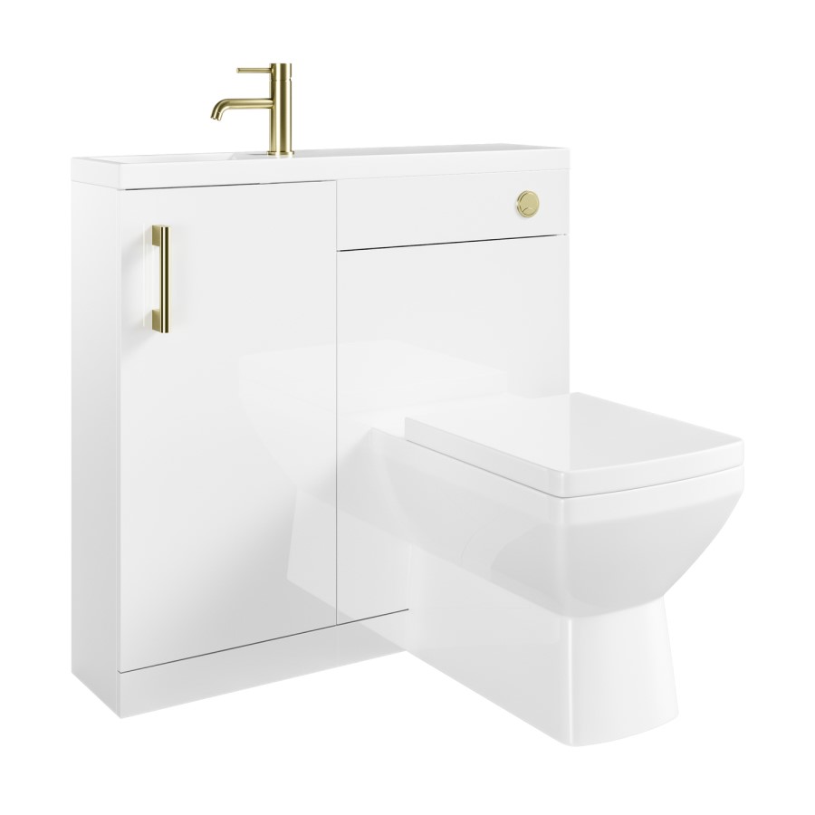 900mm White Cloakroom Toilet and Sink Unit with Square Toilet and Brass Fittings - Ashford