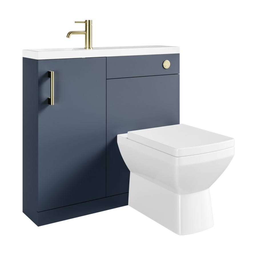 900mm Blue Cloakroom Toilet and Sink Unit with Square Toilet and Brass Fittings - Ashford