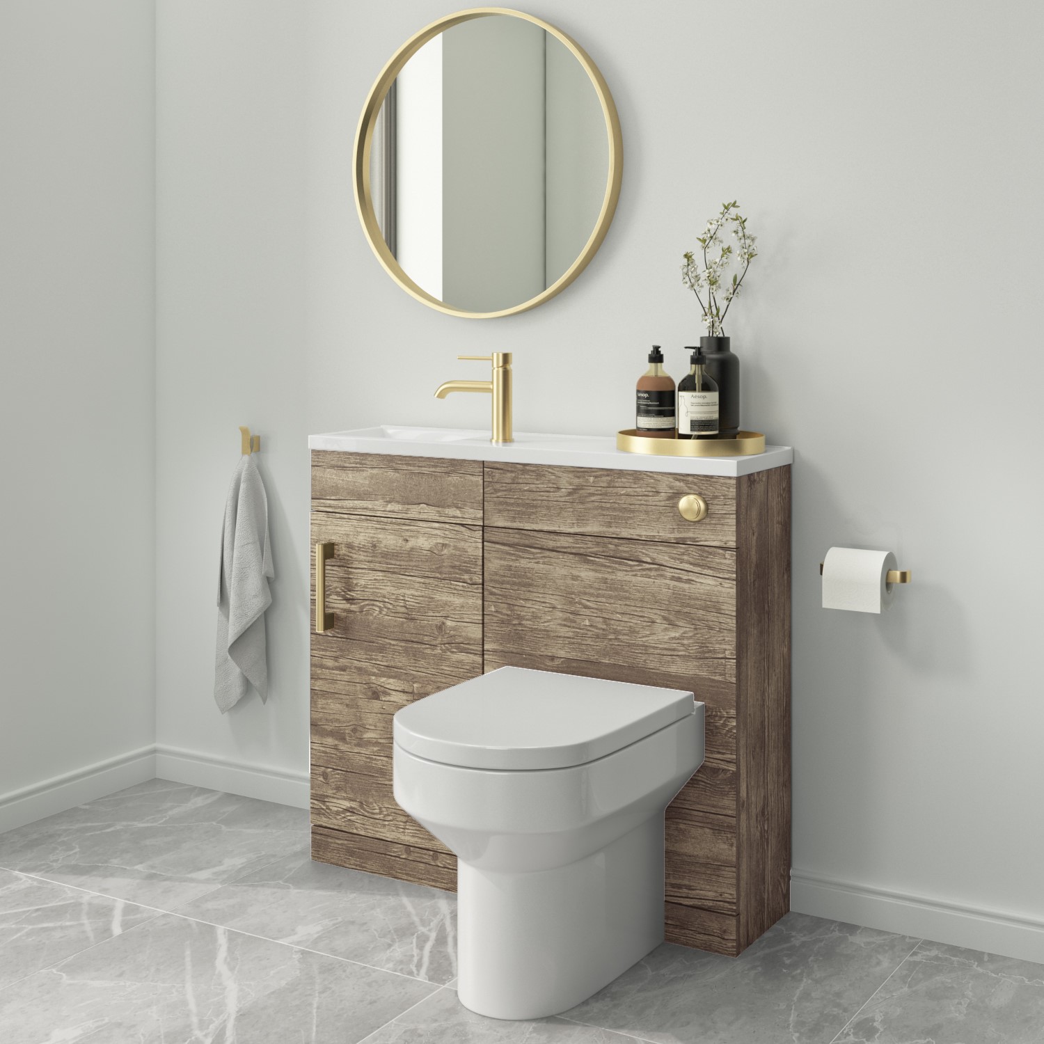 900mm Wood Effect Cloakroom Toilet and Sink Unit with Brass Fittings