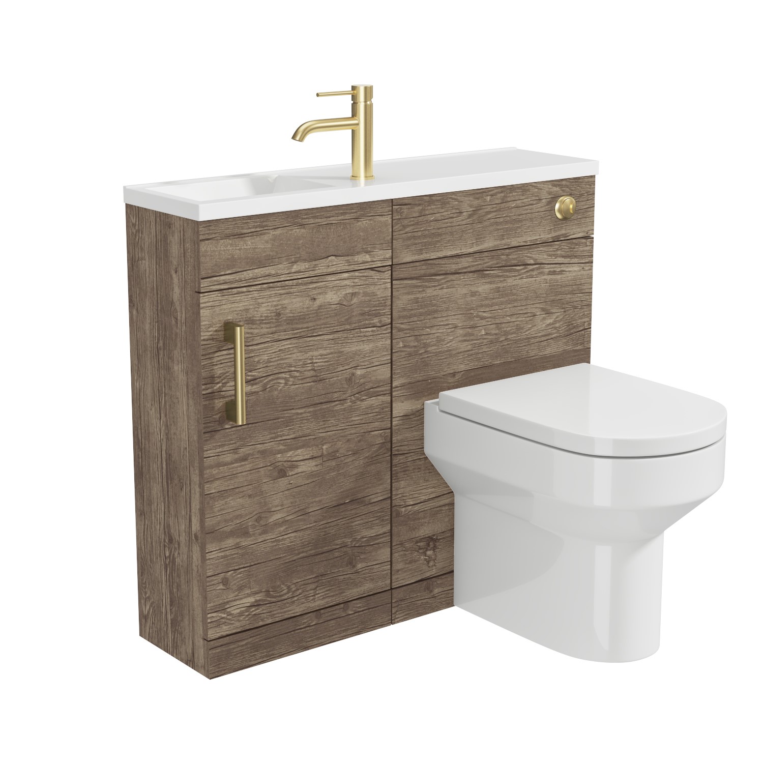 900mm Wood Effect Cloakroom Toilet and Sink Unit with Brass Fittings
