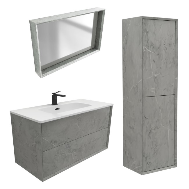 1000mm Concrete Effect Wall Hung Basin Vanity Unit with Cabinet and Mirror - Arragon