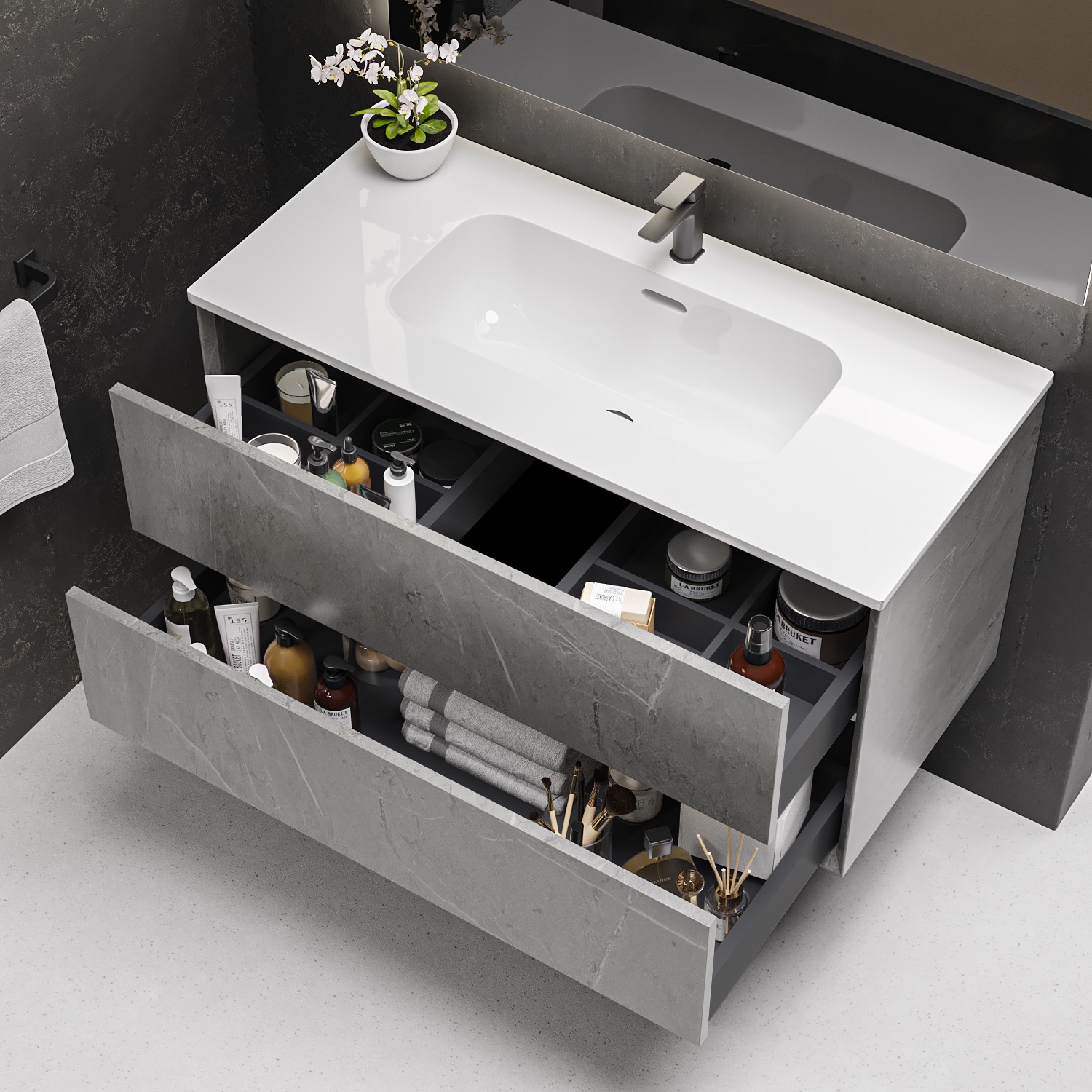 1000mm Concrete Effect Wall Hung Basin Vanity Unit with Cabinet and ...