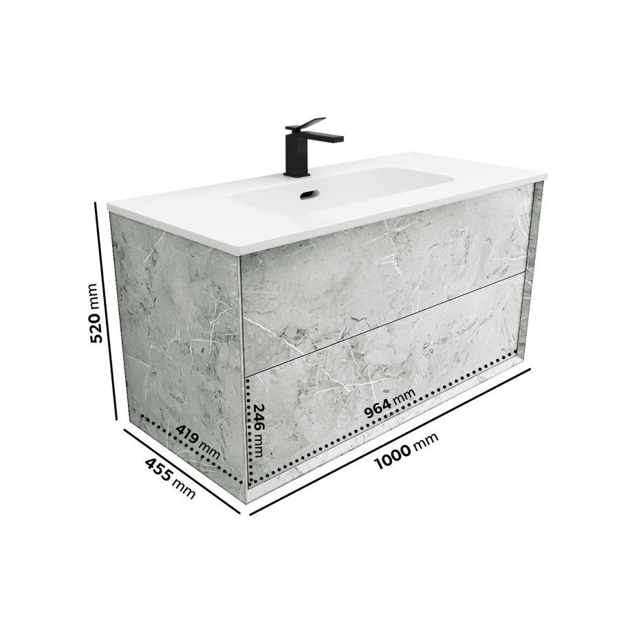 1000mm Concrete Effect Wall Hung Basin Vanity Unit with Cabinet and Mirror - Arragon