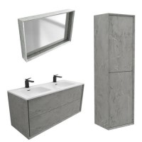 1200mm Concrete Effect Wall Hung Double Basin Vanity Unit with Cabinet and Mirror - Arragon 1200mm Concrete Effect Wall Hung Double Basin Vanity Unit with Cabinet and Mirror - Arragon
