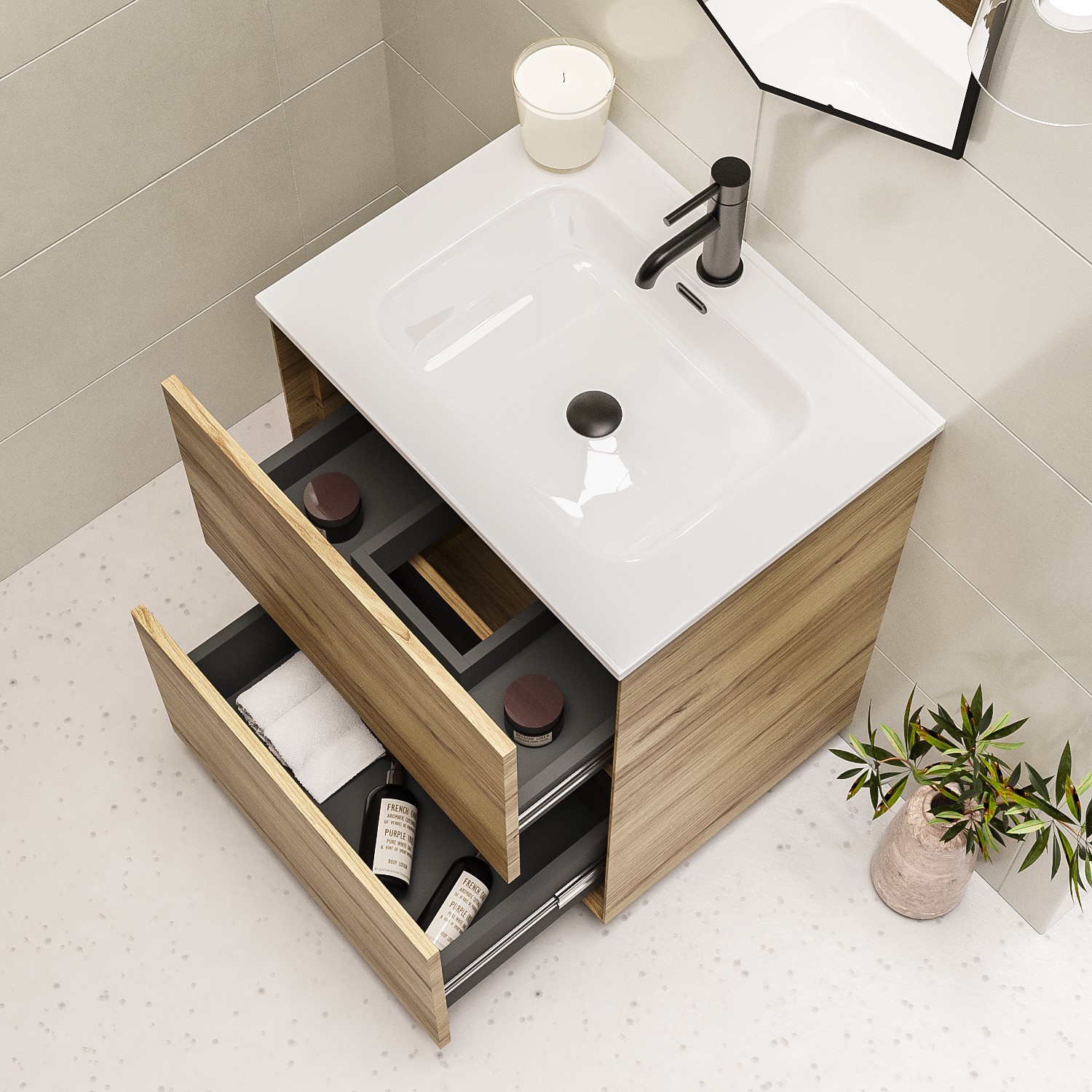 600mm Wood Effect Freestanding Vanity Unit with Basin - Roxbi - Better ...