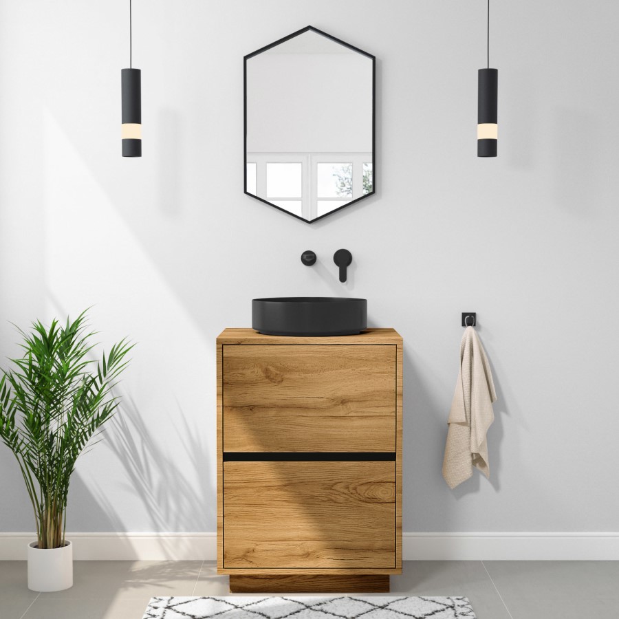 Grade A1 - 600mm Wood Effect Freestanding Countertop Vanity Unit with Basin - Roxbi 