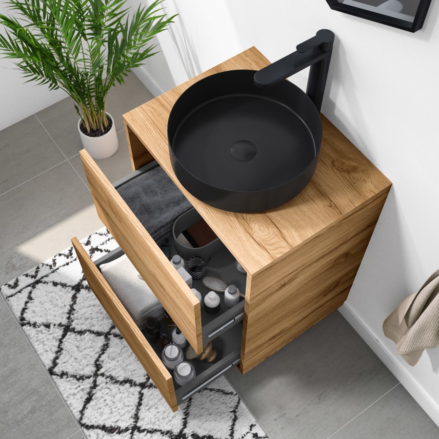 Grade A1 - 600mm Wood Effect Freestanding Countertop Vanity Unit with Basin - Roxbi 