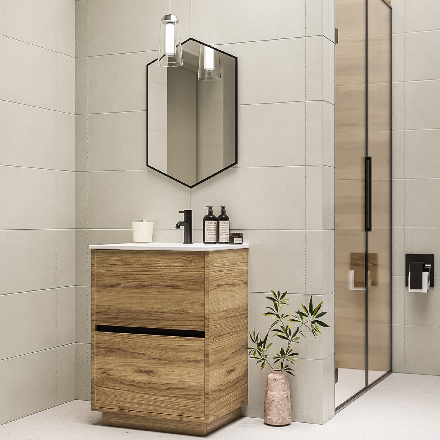 600mm Wood Effect Freestanding Vanity Unit with Matt White Basin