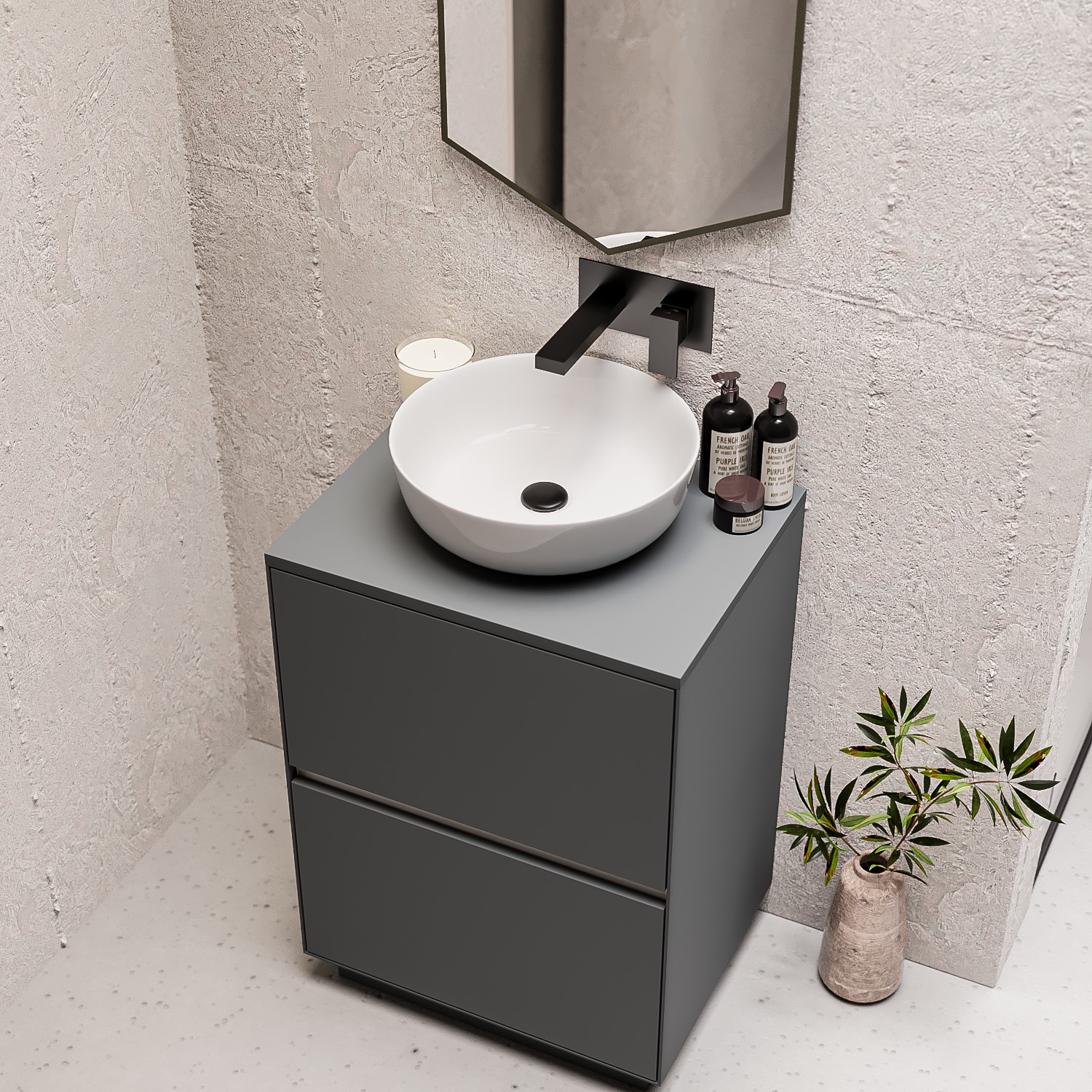 600mm Grey Freestanding Countertop Vanity Unit with Basin Roxbi