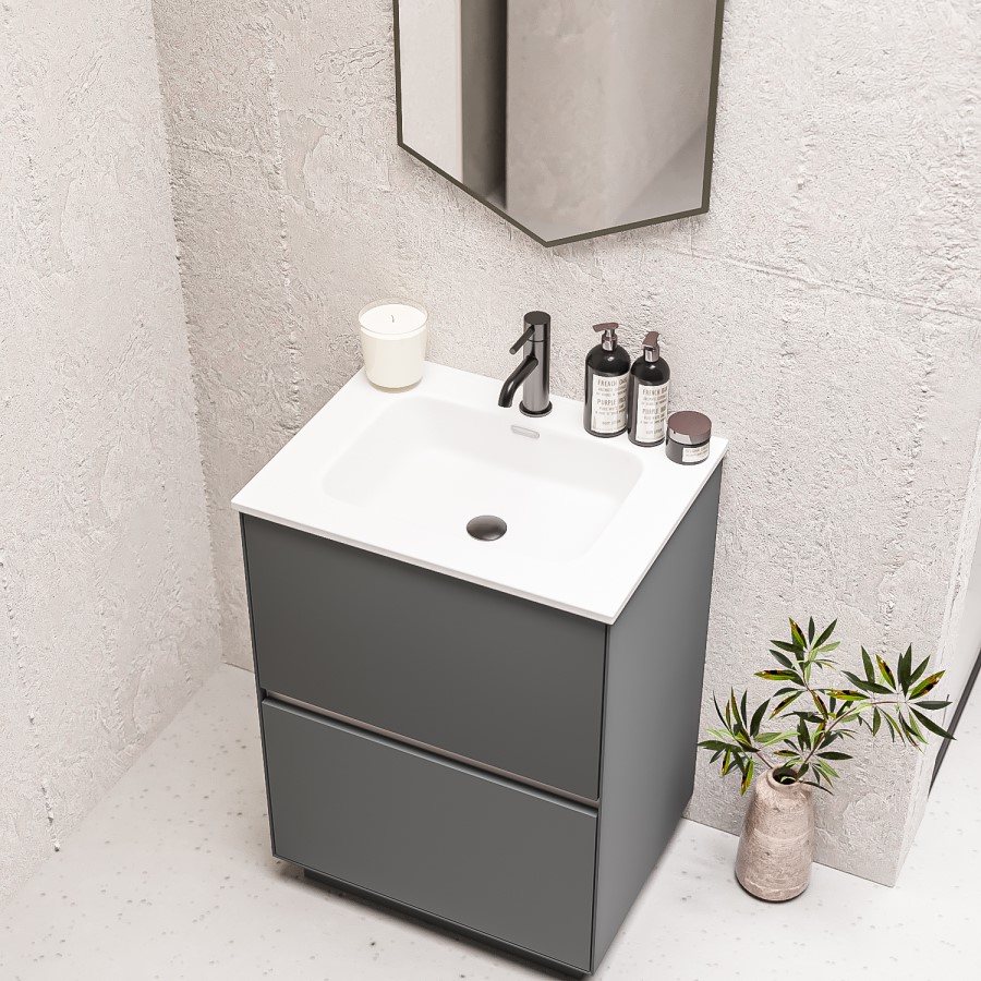 Grade A1 - 600mm Grey Freestanding Vanity Unit with Matt White Basin - Roxbi