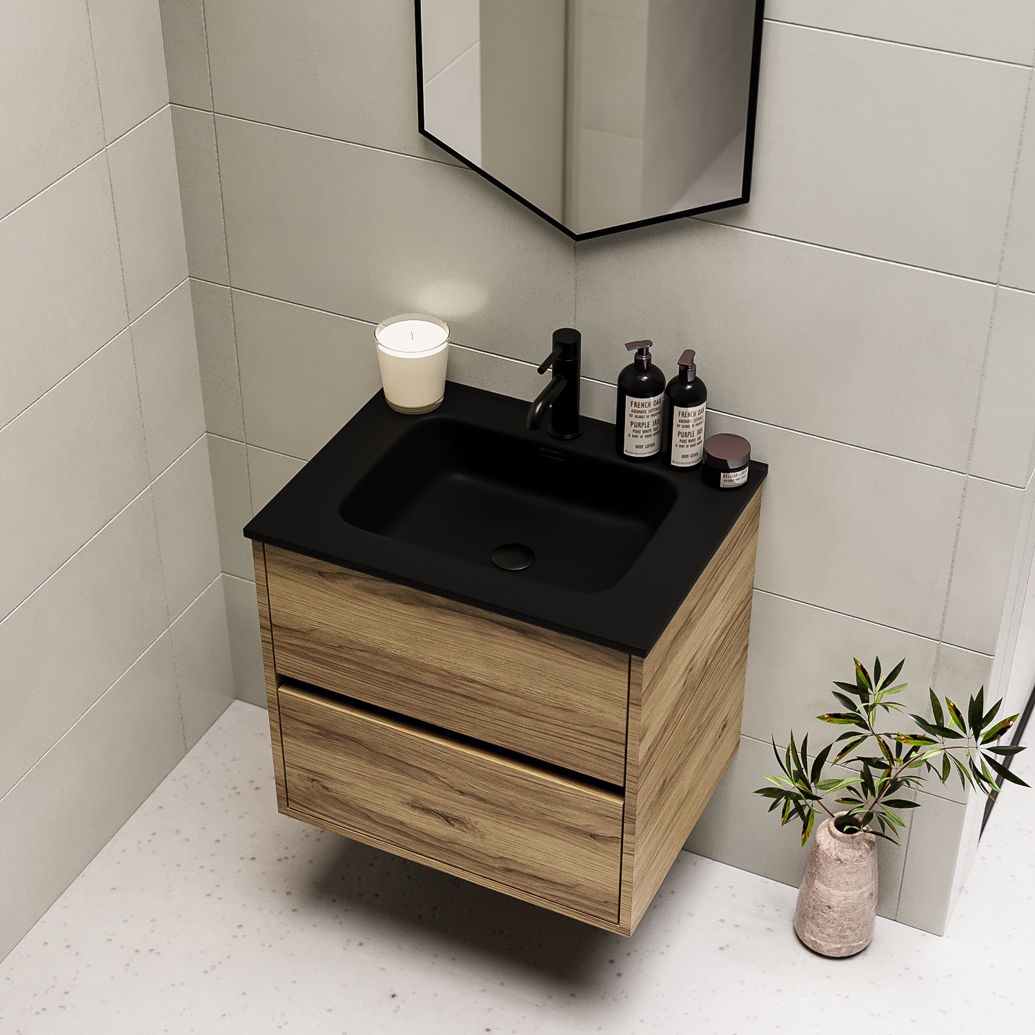 600mm Wood Effect Wall Hung Vanity Unit with Matt Black Basin Roxbi