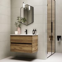 Grade A1 - 800mm Wood Effect Wall Hung Vanity Unit with Basin - Roxbi