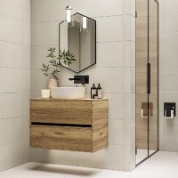 Grade A1 - 800mm Wood Effect Wall Hung Countertop Vanity Unit with Basin - Roxbi