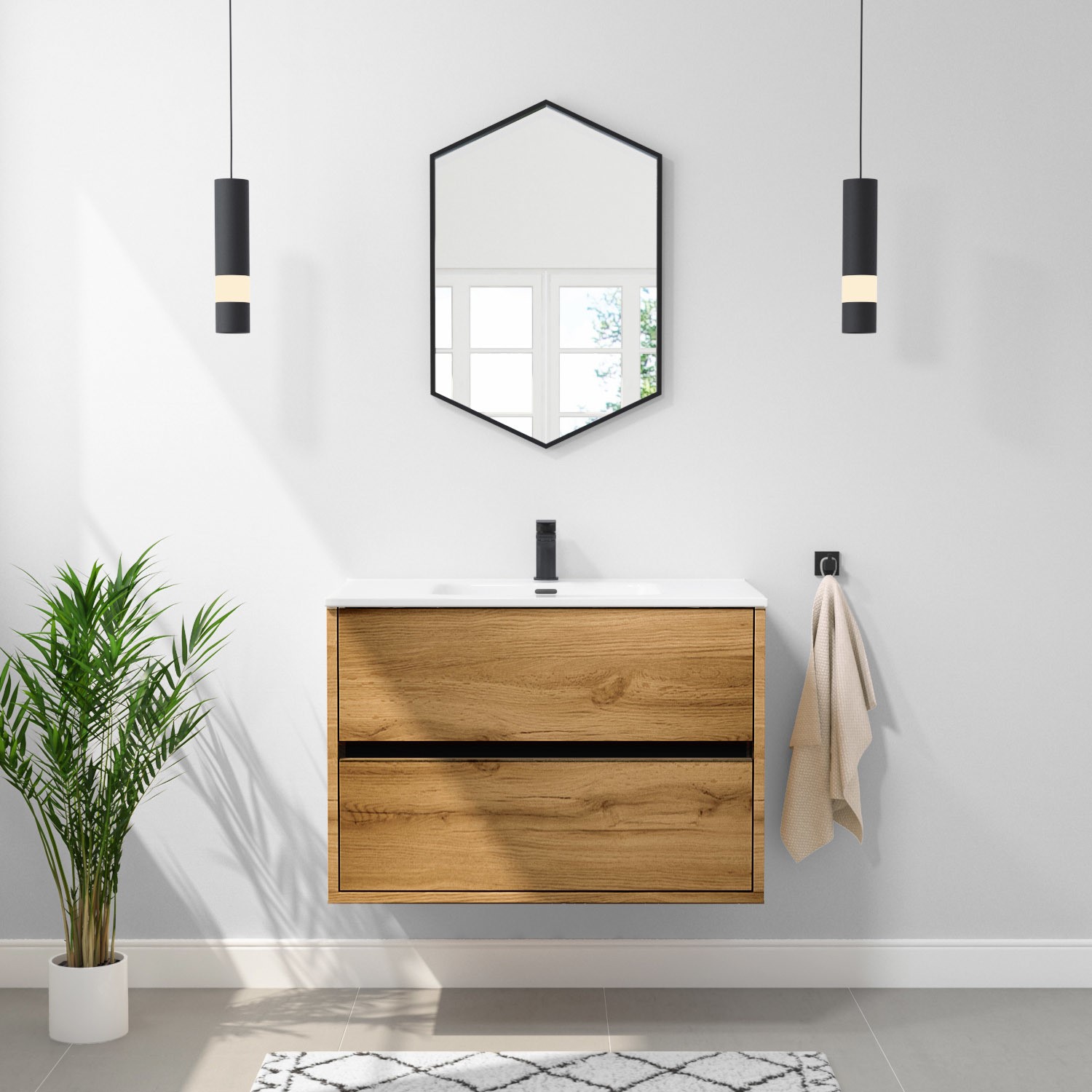Grade A1 800mm Wood Effect Wall Hung Vanity Unit with Basin Roxbi